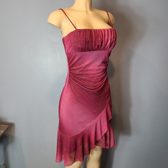 Vtg 90s Y2K Taboo Pink Glitter Asymmetrical Fairy Babydoll Dress Size M Ruched - Picture 2 of 10